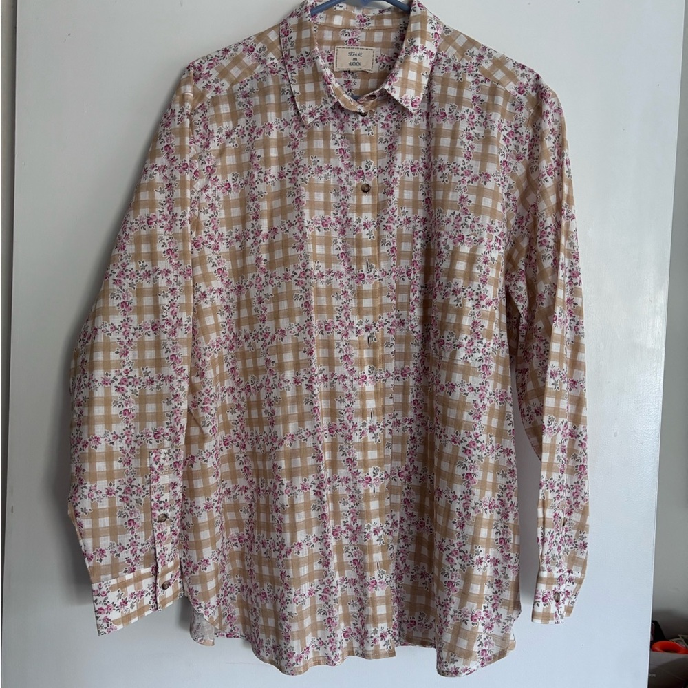 Sezane Beige and Pink Floral Blouse